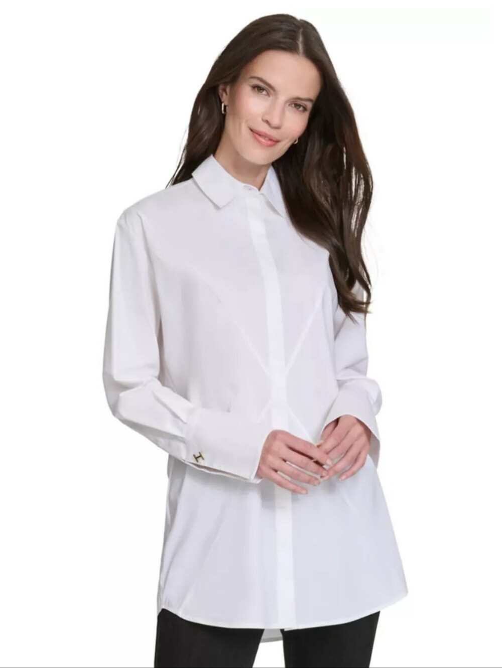Halston White Cotton Starburst Seam Button Up Top with Gold Details